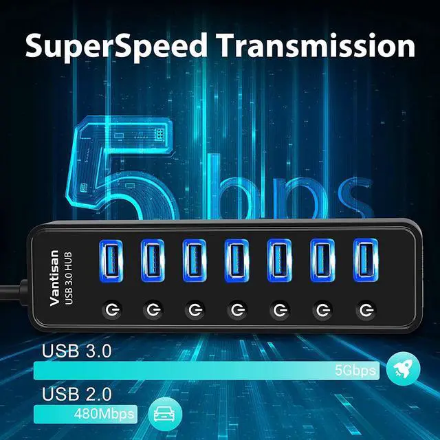 Alt view image 4 of 6 - USB Hub 3.0 Powered, 7 Ports USB Data Hub Splitter with One Smart Charging Port and 5V/4A Powered Adapter and ON/Off Switches for MacBook, Mac Pro/Mini, iMac, Surface Pro Laptop/PC