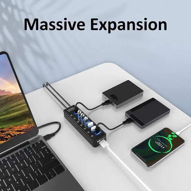 Alt view image 3 of 6 - USB Hub 3.0 Powered, 7 Ports USB Data Hub Splitter with One Smart Charging Port and 5V/4A Powered Adapter and ON/Off Switches for MacBook, Mac Pro/Mini, iMac, Surface Pro Laptop/PC