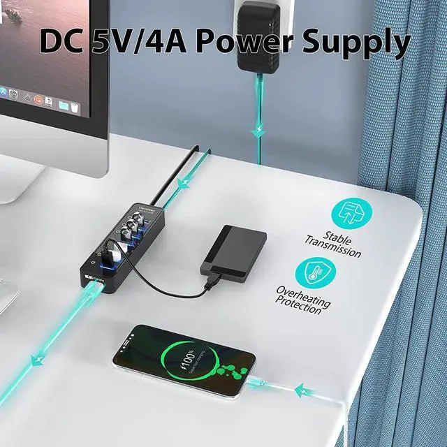 Alt view image 6 of 6 - USB Hub 3.0 Powered, 7 Ports USB Data Hub Splitter with One Smart Charging Port and 5V/4A Powered Adapter and ON/Off Switches for MacBook, Mac Pro/Mini, iMac, Surface Pro Laptop/PC
