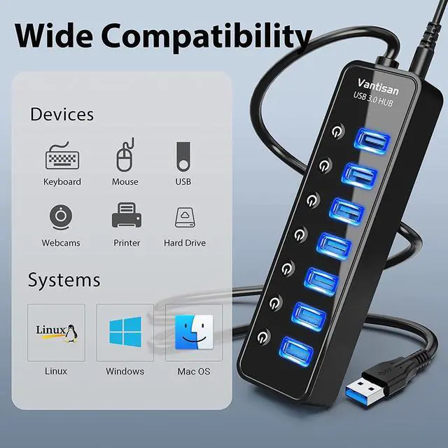 Alt view image 5 of 6 - USB Hub 3.0 Powered, 7 Ports USB Data Hub Splitter with One Smart Charging Port and 5V/4A Powered Adapter and ON/Off Switches for MacBook, Mac Pro/Mini, iMac, Surface Pro Laptop/PC