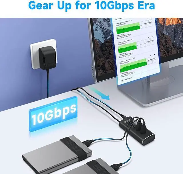 Alt view image 2 of 7 - Powered USB Hub, Rosonway 4 Ports USB 3.1/3.2 Gen 2 Hub 10Gbps with 3.3ft Data Cable, 5V/2A Power Adapter and Individual Switches, Aluminum USB Port Hub Splitter for PC and Laptop, RSH-A104