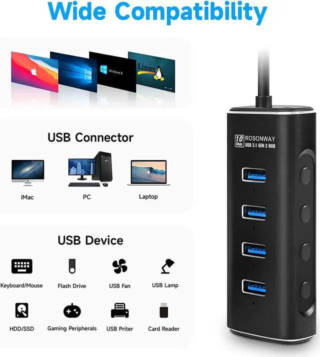 Alt view image 3 of 7 - Powered USB Hub, Rosonway 4 Ports USB 3.1/3.2 Gen 2 Hub 10Gbps with 3.3ft Data Cable, 5V/2A Power Adapter and Individual Switches, Aluminum USB Port Hub Splitter for PC and Laptop, RSH-A104