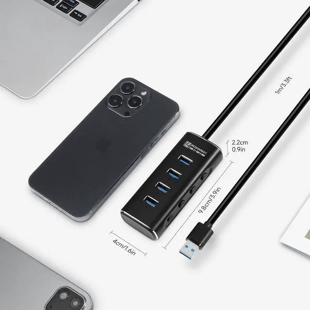 Alt view image 7 of 7 - Powered USB Hub, Rosonway 4 Ports USB 3.1/3.2 Gen 2 Hub 10Gbps with 3.3ft Data Cable, 5V/2A Power Adapter and Individual Switches, Aluminum USB Port Hub Splitter for PC and Laptop, RSH-A104