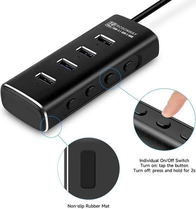 Alt view image 6 of 7 - Powered USB Hub, Rosonway 4 Ports USB 3.1/3.2 Gen 2 Hub 10Gbps with 3.3ft Data Cable, 5V/2A Power Adapter and Individual Switches, Aluminum USB Port Hub Splitter for PC and Laptop, RSH-A104