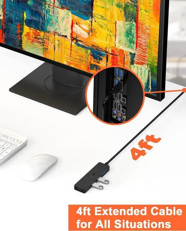 Alt view image 4 of 7 - Aceele USB Hub 3.0 Splitter with 4ft Extension Long Cable Cord, 4-Port Ultra-Slim Multiport Expander for Desktop Computer PC, Laptop, Chromebook, Surface Pro 3, iMac, PS4, Flash Drive Data and More