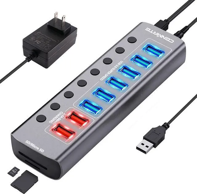 Main image of Powered USB Hub with Card Reader, cenmate 10 Port Aluminum USB Splitter with 6 USB 3.0 Data Ports, 2 USB Charging Ports, TF/SD Slots, Individual Switches, 12V/2.5A Power Adapter for PC, HDD, Printer