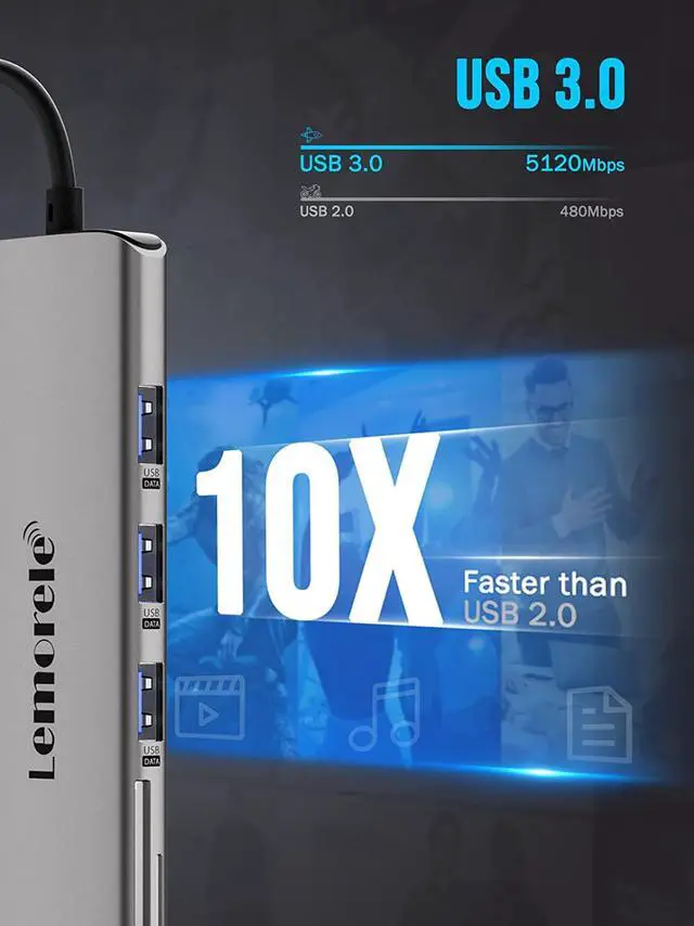 Alt view image 3 of 6 - Lemorele 8-in-1 USB C Hub Multiport Adapter, USB-C Hub with 4K HDMI Output, 100W Power Delivery, USB 3.0 5Gdps Port, SD/TF Card Reader Adpater, Compatible for MacBook Pro, XPS, Chromebook and More