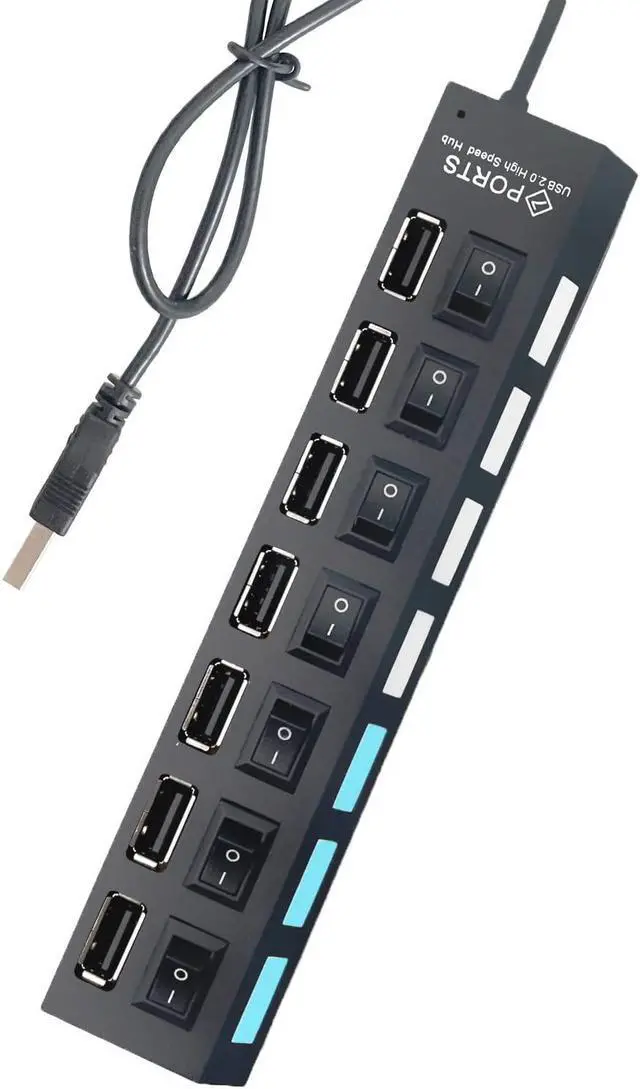 Main image of 7-Port USB Hub 2.0, USB Hub USB Splitter with Individual Switches for Laptop, Computer, Keyboard and Mouse, USB Devices (Black)