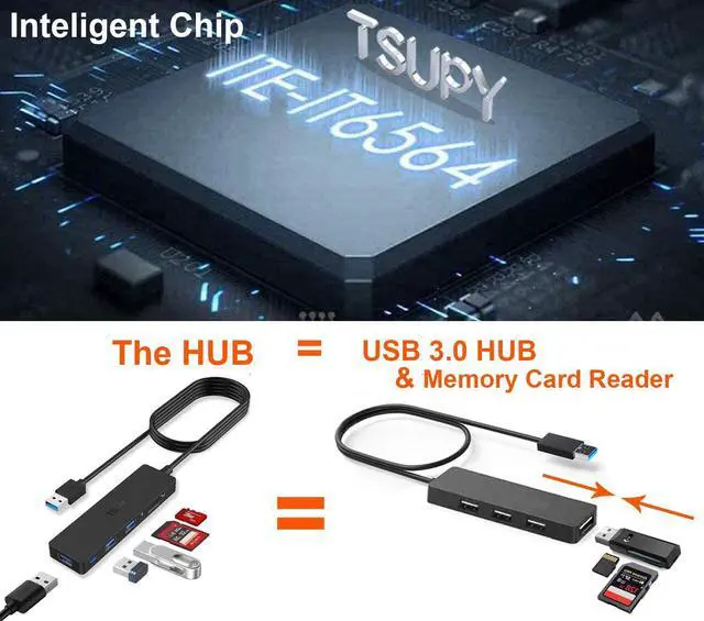 Alt view image 6 of 7 - USB Hub 3.0 Splitter USB 3.0 Hub Multi USB Adapter Port Expander with 4ft Cable SD/TF Card Reader & 3 USB 3.0 Ports Compatible for PC Laptops Surface Pro MacBook iMac Pro