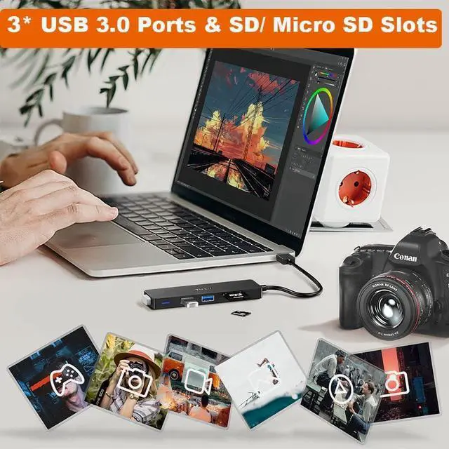 Alt view image 3 of 7 - USB Hub 3.0, TSUPY 5 in 1 Multiport Adapter USB 3.0 Hub with SD Micro SD Card Reader, 3 USB 3.0 Ports Compatible for Laptop, MacBook, PC, Printer,Surface Pro, USB Flash Drives