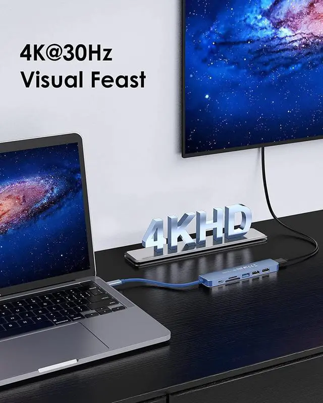 Alt view image 2 of 7 - LENTION USB C Hub with 100W Charging, 4K HDMI, Dual Card Reader, USB 3.0 & 2.0 Compatible 2023-2016 MacBook Pro, New Mac Air/Surface, Chromebook, More, Stable Driver Adapter (CB-CE18,Blue)