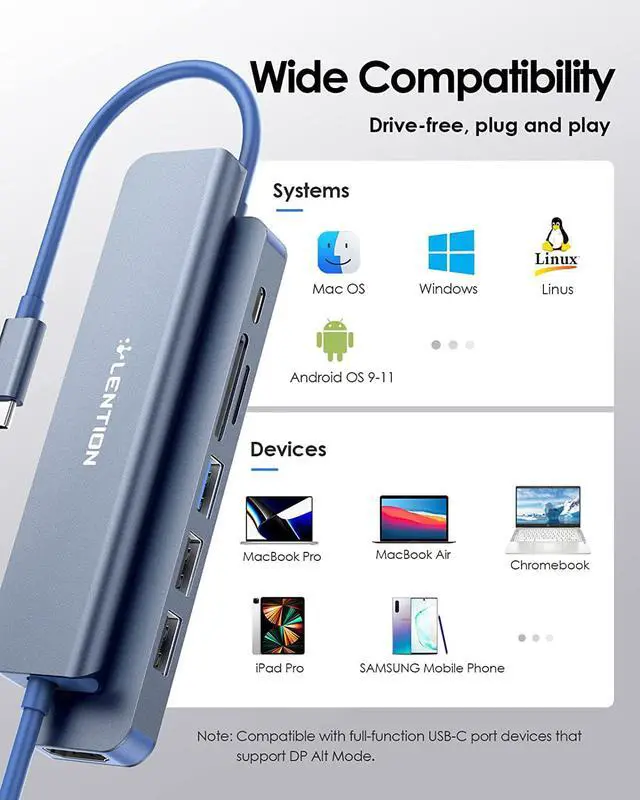 Alt view image 7 of 7 - LENTION USB C Hub with 100W Charging, 4K HDMI, Dual Card Reader, USB 3.0 & 2.0 Compatible 2023-2016 MacBook Pro, New Mac Air/Surface, Chromebook, More, Stable Driver Adapter (CB-CE18,Blue)