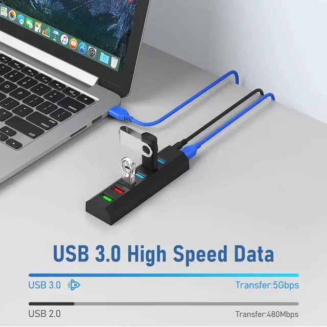 Alt view image 4 of 7 - USB Hub 6 Ports Super High Speed USB 3.0 Hub Splitter + 24W Power Adapter + USB 3.0 Cable Black Smart Fast Charger Powered USB Hub for Laptop Mac PC Mobile HDD Mulitple Devices