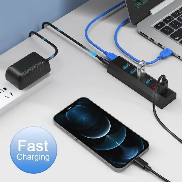 Alt view image 7 of 7 - USB Hub 6 Ports Super High Speed USB 3.0 Hub Splitter + 24W Power Adapter + USB 3.0 Cable Black Smart Fast Charger Powered USB Hub for Laptop Mac PC Mobile HDD Mulitple Devices