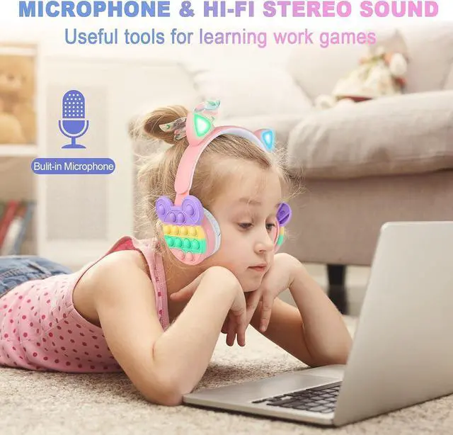 Alt view image 4 of 7 - Bluetooth Headphones Wireless with Microphone Fidget Bubbles Cute Cat Ear with LED Light Up Over Ear Headphones for Girls Boys Women Pop Gaming Headset On Ear for Smartphone Tablet PC, Pink