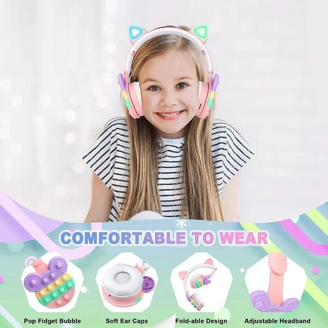 Alt view image 3 of 7 - Bluetooth Headphones Wireless with Microphone Fidget Bubbles Cute Cat Ear with LED Light Up Over Ear Headphones for Girls Boys Women Pop Gaming Headset On Ear for Smartphone Tablet PC, Pink