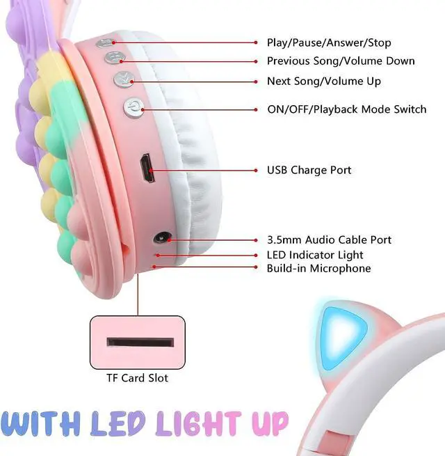 Alt view image 6 of 7 - Bluetooth Headphones Wireless with Microphone Fidget Bubbles Cute Cat Ear with LED Light Up Over Ear Headphones for Girls Boys Women Pop Gaming Headset On Ear for Smartphone Tablet PC, Pink