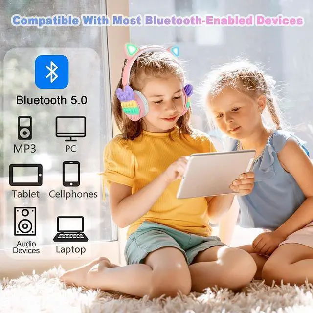 Alt view image 5 of 7 - Bluetooth Headphones Wireless with Microphone Fidget Bubbles Cute Cat Ear with LED Light Up Over Ear Headphones for Girls Boys Women Pop Gaming Headset On Ear for Smartphone Tablet PC, Pink
