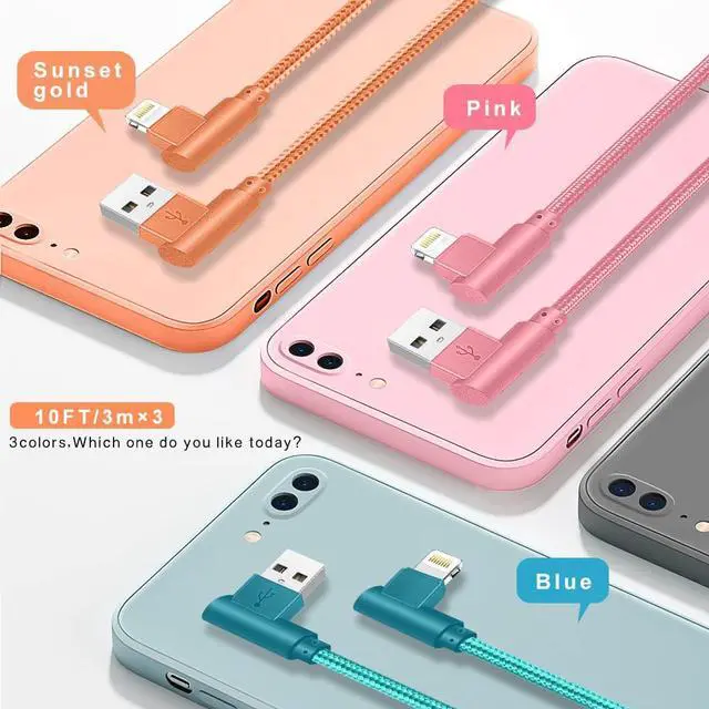 Alt view image 2 of 7 - iPhone Charger 3 Pack 10FT 90 Degree Charging Cable MFi Certified USB Lightning Cable Nylon Braided Fast Charging Cord Compatible for iPhone 14/13/12/11/X/Max/8/7/6/6S/5/5S/SE/Plus/iPad (10FT)