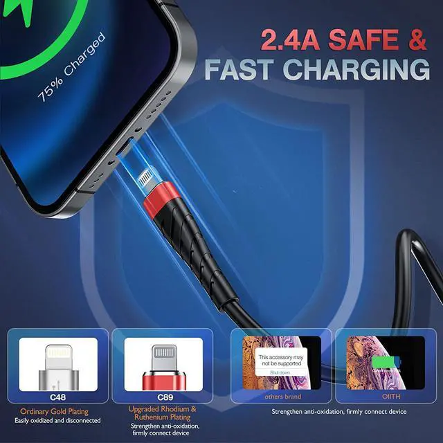 Alt view image 5 of 6 - Apple MFi Certified iPhone Charger Cable 3 Pack 10 Ft Extra Long Lightning Charging Cord Fast 2.4A iPhone USB Cord Compatible with iPhone12/11/XS/Max/XR/X/8/8P/7P/6/iPad