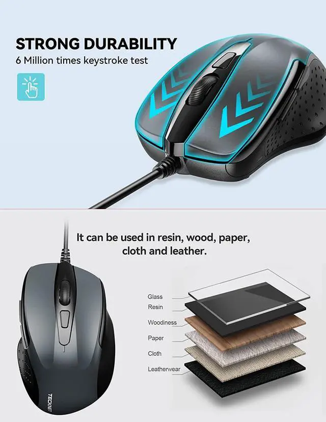 Alt view image 3 of 7 - TECKNET USB Wired Mouse, 6-Button Corded Mouse with 4 Adjustable DPI, Optical Computer Mouse with Ergonomic Design and 5FT Cord for Laptop, Chromebook, PC, Desktop, Mac, Notebook-Gray