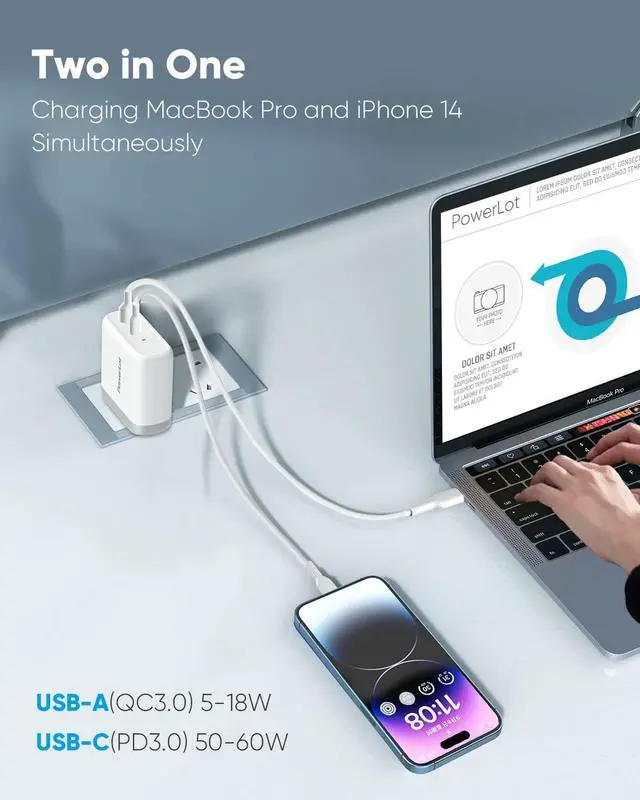 Alt view image 2 of 7 - USB C Charger, PowerLot 68W 2 Port GaN PD& QC USB-C Power Adapter, 60W USB C Wall Charger for MacBook Pro, iPad pro Charger Block, 18W USB A Fast Charger for iPhone 12 Pro Max/ 11 Pro Max/iPad Air