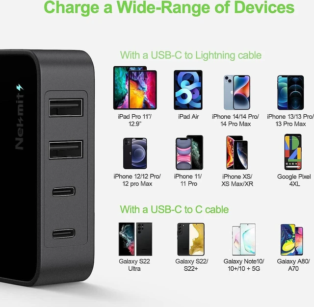 Alt view image 5 of 6 - USB C Charger Fast Thin Flat 52W 4-Port Wall Charger with Two 20W Power Delivery and 2 USB Port for iPhone 14/14 Pro/14 Pro Max Galaxy Pixel iPad Pro AirPods Pro and More Upgraded