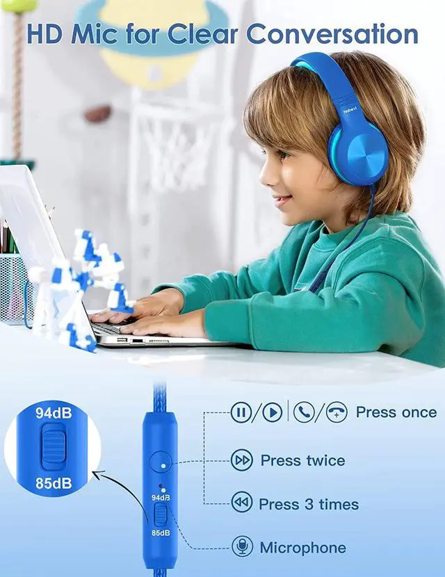 Alt view image 4 of 7 - Kids Headphones with Cord, Over-Ear Headphones for Kids with Microphone, 85/94dB Volume Limit Headset for Kids with Shareport, Wired Headphones for School, Toddler Headphones for Tablet/iPad
