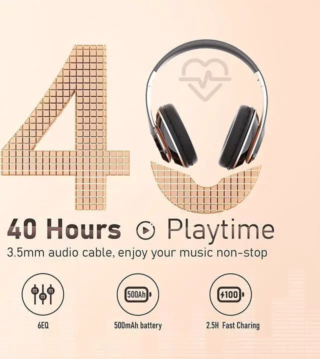 Alt view image 2 of 7 - Bluetooth Headphones Over Ear, 6S Wireless Headphones Wired with 6 EQ Modes, 40 Hours Playtime Foldable HiFi Stereo Headset with Microphone, FM/TF for Cellphone/PC/Work (Black & Gold)