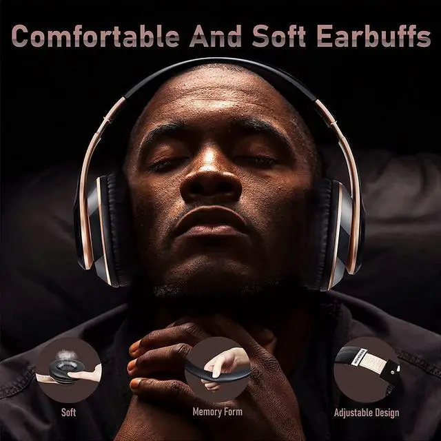 Alt view image 3 of 7 - Bluetooth Headphones Over Ear, 6S Wireless Headphones Wired with 6 EQ Modes, 40 Hours Playtime Foldable HiFi Stereo Headset with Microphone, FM/TF for Cellphone/PC/Work (Black & Gold)