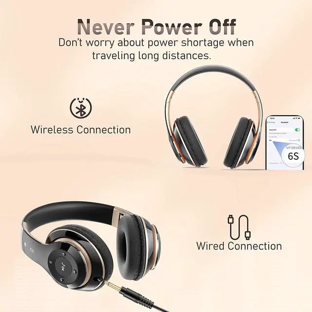 Alt view image 4 of 7 - Bluetooth Headphones Over Ear, 6S Wireless Headphones Wired with 6 EQ Modes, 40 Hours Playtime Foldable HiFi Stereo Headset with Microphone, FM/TF for Cellphone/PC/Work (Black & Gold)