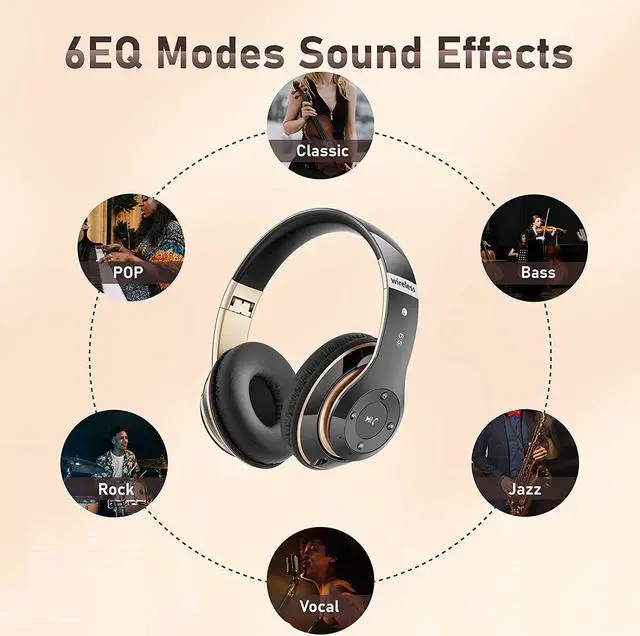 Alt view image 5 of 7 - Bluetooth Headphones Over Ear, 6S Wireless Headphones Wired with 6 EQ Modes, 40 Hours Playtime Foldable HiFi Stereo Headset with Microphone, FM/TF for Cellphone/PC/Work (Black & Gold)