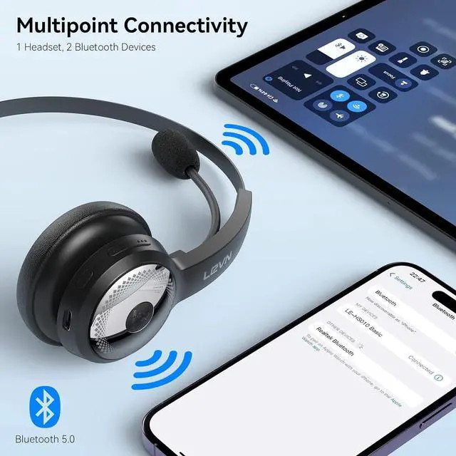 Alt view image 4 of 7 - LEVN Bluetooth Headset, Wireless Headset with Microphone & Mute Button, 60Hrs Talk Time, On-Ear AI Noise Cancelling Headphones with Bluetooth 5.2 Multipoint for Trucker/Remote Work/Online Class/Zoom