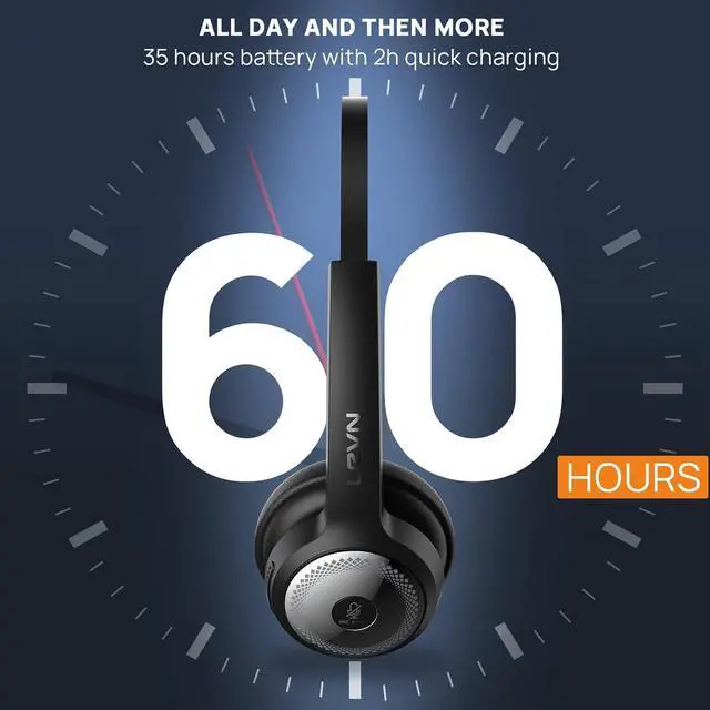 Alt view image 5 of 7 - LEVN Bluetooth Headset, Wireless Headset with Microphone & Mute Button, 60Hrs Talk Time, On-Ear AI Noise Cancelling Headphones with Bluetooth 5.2 Multipoint for Trucker/Remote Work/Online Class/Zoom
