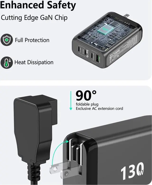 Alt view image 6 of 7 - 130W USB C GaN Wall Charger 4 Port PD 100W PPS 45W Super Fast Charging Station Type-C Laptop QC Power Adapter AC Cable Multiple Ports for iPhone 13 12 11 iPad MacBook Pro Samsung Pixel Lenovo HP Dell