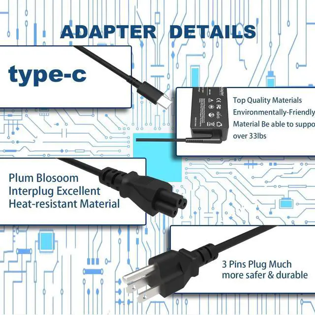 Alt view image 4 of 7 - 65W 45W USB C Laptop Charger for Lenovo Thinkpad Charger - Lenovo T480 T480s T490 T580 Charger T490s T580s T590 X1 T570 E480 E580 E485 E585 E490 E590 L480 L580 X280 X380 X390 X395 Power Cord Adapter