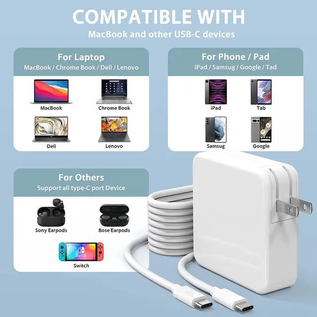 Alt view image 3 of 6 - Mac Book Pro Charger - 100W USB C Fast Charger Power Adapter Compatible with MacBook Air 15 13 Inch MacBook Pro 16 15 14 13 Inch iPad Pro 2021/2020/2019/2018 6.6ft USB C to C Cable