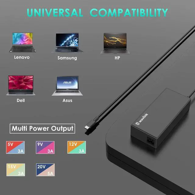 Alt view image 5 of 7 - USB C Laptop Charger 100W AC Laptop Power Adapter with 12W USB A Output for MacBook ASUS Huawei Lenovo HP Dell Samsung Acer Toshiba Chromebooks and More