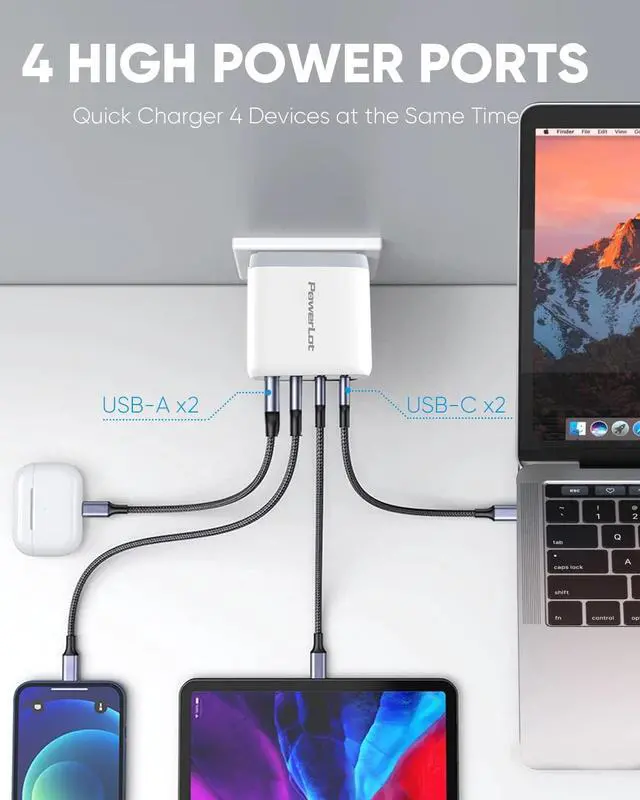 Alt view image 2 of 7 - 100W USB C Charger, PowerLot GaN 4-Port 100W 96W 87W 61W USB C Wall Charger, PD Laptop Charger Power Adapter for MacBook Pro/Air, iPad Pro, iPhone 14/13/12 Pro/Max, ChromeBook, iPad, Lenovo, HP, Dell