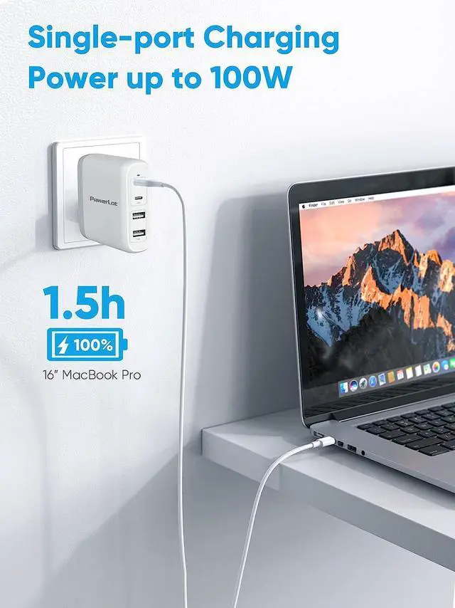 Alt view image 3 of 7 - 100W USB C Charger, PowerLot GaN 4-Port 100W 96W 87W 61W USB C Wall Charger, PD Laptop Charger Power Adapter for MacBook Pro/Air, iPad Pro, iPhone 14/13/12 Pro/Max, ChromeBook, iPad, Lenovo, HP, Dell