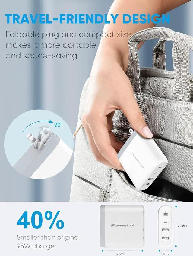 Alt view image 6 of 7 - 100W USB C Charger, PowerLot GaN 4-Port 100W 96W 87W 61W USB C Wall Charger, PD Laptop Charger Power Adapter for MacBook Pro/Air, iPad Pro, iPhone 14/13/12 Pro/Max, ChromeBook, iPad, Lenovo, HP, Dell