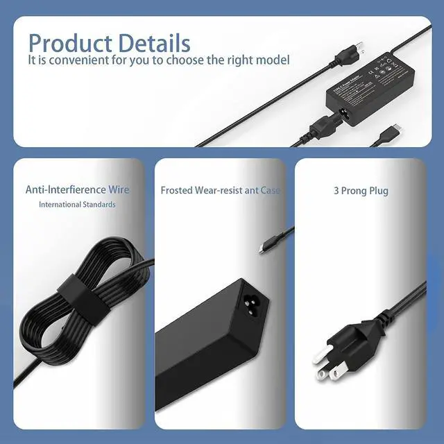 Alt view image 3 of 6 - USB C Laptop Charger 65w 45w for dell hp Lenovo Asus Acer Razer Blade Stealth MacBook Samsung Chrombook Charger Fast Charging Type C AC Adapter Power Cord Supply