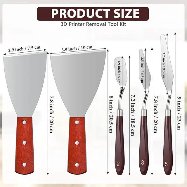 Alt view image 2 of 7 - Minatee 5 Pcs 3D Printer Spatula Tool, 3D Printer Scraper Accessories Removal Tools Kit with Comfortable Grip, Scraper Stainless Steel Enhanced Version Knife with Wooden Handle for Easy Separation