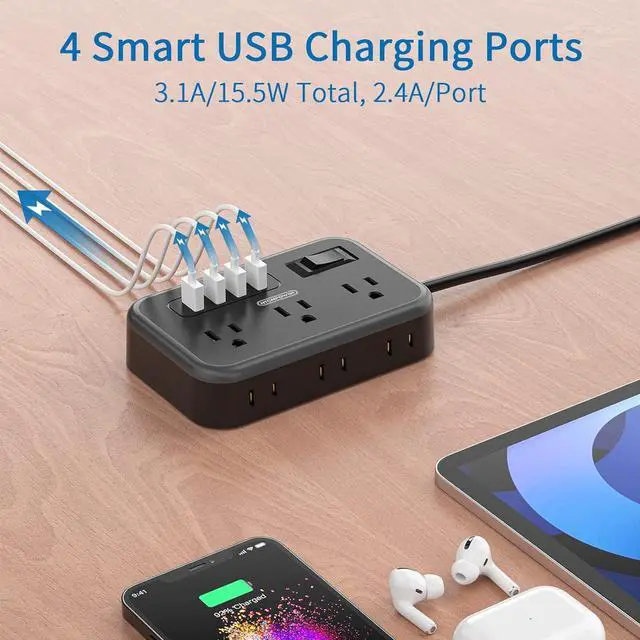 Alt view image 4 of 7 - 2 Pack Power Strip with 6 Outlets(2 Side) and 4 USB, NTONPOWER Flat Plug Extension Cord 5 Ft, Overload Protection, Wall Mount, Compact Size Charging Station for Office Desk, Nightstand and Travel