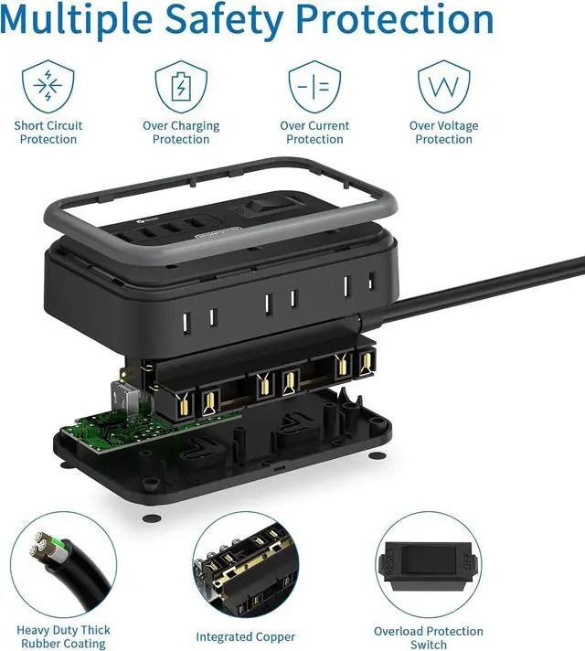 Alt view image 6 of 7 - 2 Pack Power Strip with 6 Outlets(2 Side) and 4 USB, NTONPOWER Flat Plug Extension Cord 5 Ft, Overload Protection, Wall Mount, Compact Size Charging Station for Office Desk, Nightstand and Travel