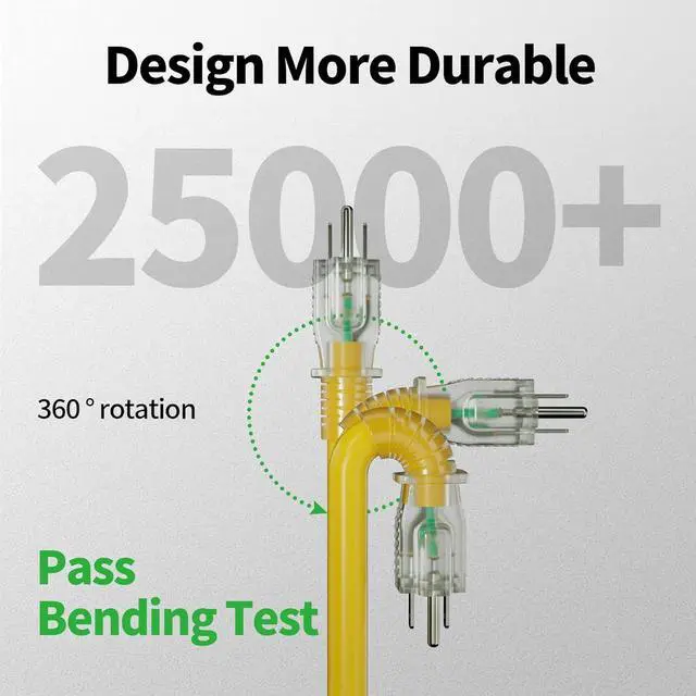 Alt view image 3 of 7 - 50 ft 12/3 Outdoor Extension Cord Waterproof Heavy Duty with Lighted Indicator End 12 Gauge 3 Prong, Flexible Cold-Resistant Long Power Cord Outside, 15Amp 1875W SJTW Yellow ETL Listed