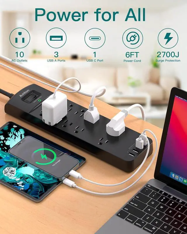Alt view image 2 of 7 - Power Strip - Addtam Surge Protector with 10 Outlets and 4 USB Ports, 6 Feet Extension Cord with Flat Plug, 2700 Joules, ETL Listed, Black