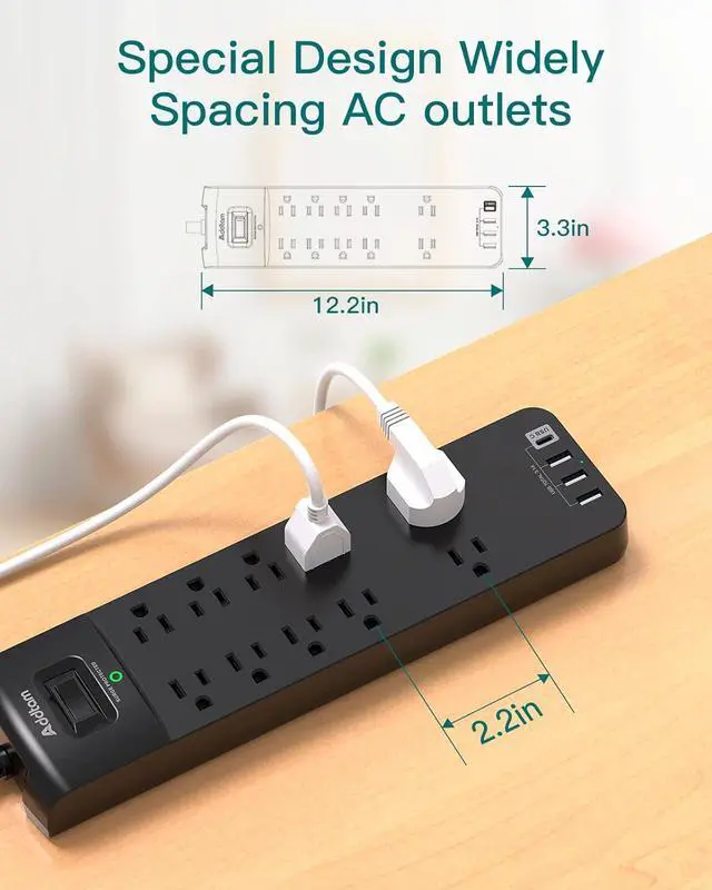 Alt view image 4 of 7 - Power Strip - Addtam Surge Protector with 10 Outlets and 4 USB Ports, 6 Feet Extension Cord with Flat Plug, 2700 Joules, ETL Listed, Black