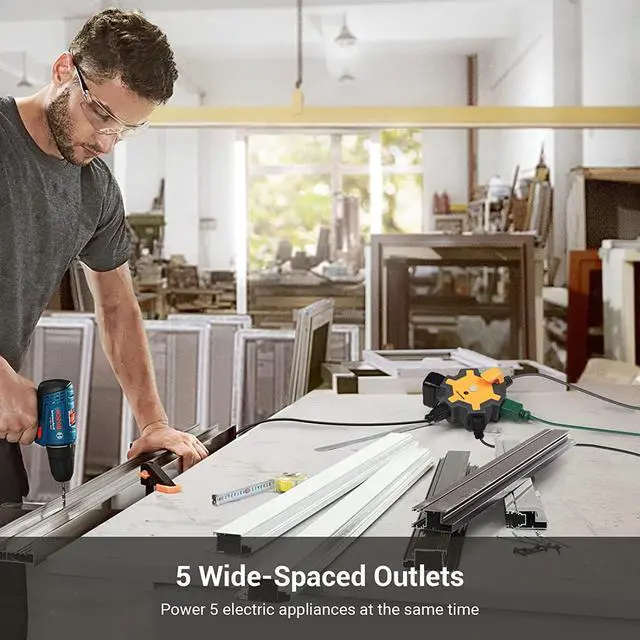 Alt view image 4 of 7 - DEWENWILS Industrial Power Strip with 5-Outlet Power Hub, 15FT Heavy Duty Extension Cord for Garage, Workshop, 14/3 AWG SJTW, 15A Circuit Breaker, Swivel Safety Covers, ETL Listed Yellow