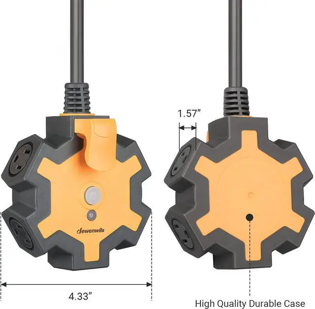 Alt view image 7 of 7 - DEWENWILS Industrial Power Strip with 5-Outlet Power Hub, 15FT Heavy Duty Extension Cord for Garage, Workshop, 14/3 AWG SJTW, 15A Circuit Breaker, Swivel Safety Covers, ETL Listed Yellow